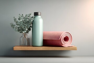 shelf with rolled yoga mat, water bottle, and eucalyptus
