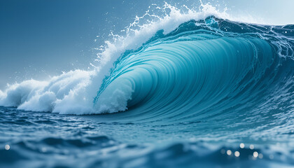 A powerful blue wave curls against a bright sky, showcasing ocean energy and dynamic sea motion for surfing and coastal scenes.
