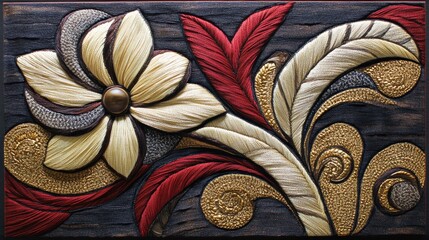 Ornate flower and leaf design in gold, cream, and burgundy.