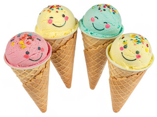 Four cheerful ice cream cones with sprinkles; playful, summery mood.