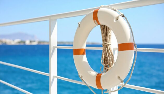 A lifebuoy hanging on a railing by the sea, with a clear blue sky and distant shoreline in view