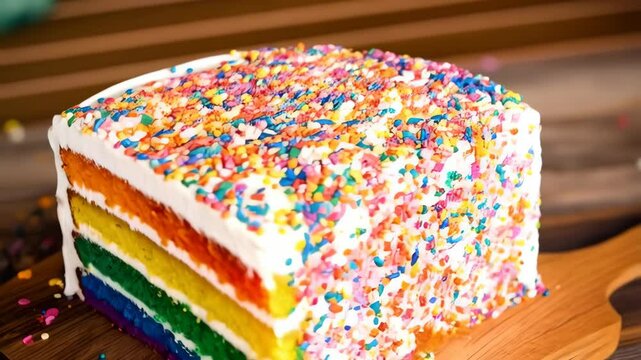 Brightly colored layered cake with rainbow layers and sugar sprinkles, a sweet dessert confection on wood table, bakery item for birthdays, celebration, party.