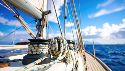 Sailboat sailing on a sunny day, ropes and winches in focus, with ocean and clouds in background