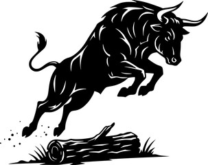 Obraz premium Powerful dynamic bull silhouette in mid-air leaping over an obstacle symbolizing strength agility and overcoming challenges