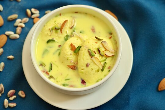 Ras malai an indian dessert garnished with dry fruits 
