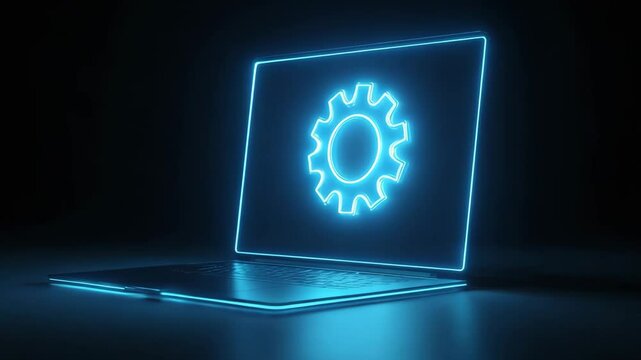 Blue Neon Gear on Laptop Screen - Digital Settings and System Configuration Concept for Software Development, IT Solutions and Technical Support with Glowing Holographic Effect, Video