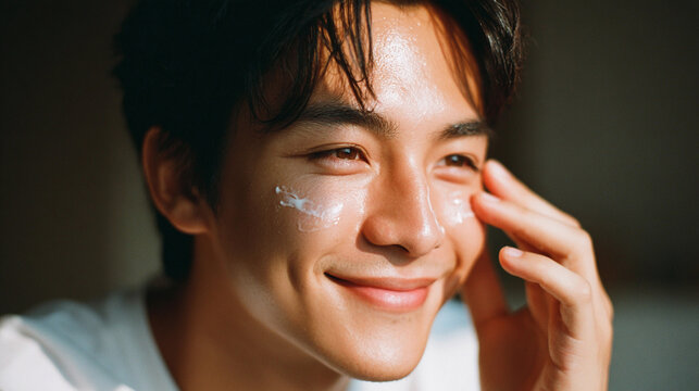 young japanese asian guy moisturizes his face with cream - Powered by Adobe