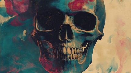 Detailed illustration of a skull against a backdrop of vibrant color.