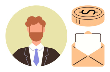 Brown-haired businessman in a suit, coin with dollar sign, open envelope. Ideal for finance, business, communication, marketing, correspondence employment strategy. Simple flat metaphor