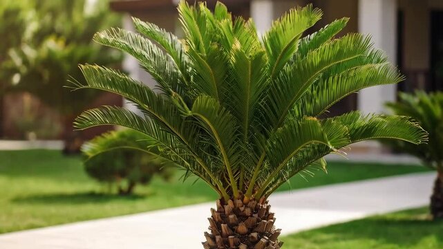 Close-up of a vibrant green sago palm tree in a well-maintained lawn, showcasing its textured trunk and symmetrical fronds.