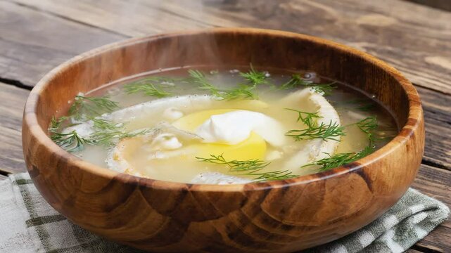 Yushka soup, steaming hot fish soup with dill and sour cream, served in a wooden bowl, natural light filtering through
