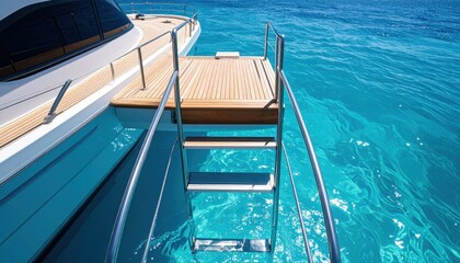 Obraz premium Luxurious yacht anchored in crystal-clear waters with a wooden platform and ladder