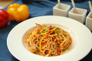 Noodles or chowmein with vegetables in a bowl in a restaurant or cafe