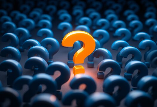 A single bright orange question mark stands out amongst a crowd of blue question marks