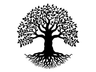 Black Trees and root with leaves silhouette for Tree of life concept or nature logo. Tree and roots LOGO style.
