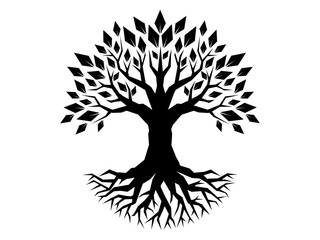 Black Trees and root with leaves silhouette for Tree of life concept or nature logo. Tree and roots LOGO style.