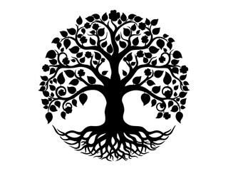 Black Trees and root with leaves silhouette for Tree of life concept or nature logo. Tree and roots LOGO style.