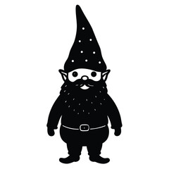 Charming black and white illustration of a friendly gnome with a pointed hat and beard