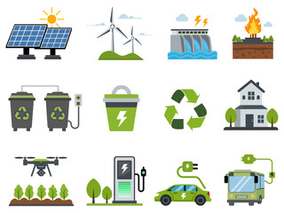 Collection of technology green energy icons, clean energy, renewable energy and recycling to conserve natural resources. vector illustrate flat design style.
