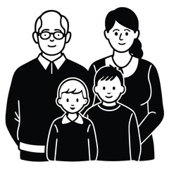 Stylized black and white illustration of a happy family with two children
