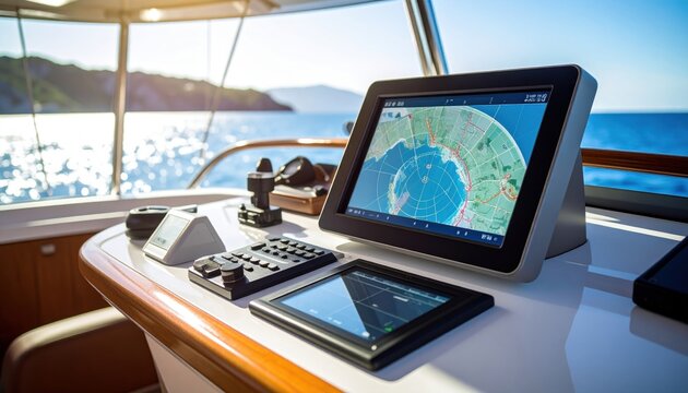 Modern yacht navigation system displaying charts and controls against a scenic ocean backdrop