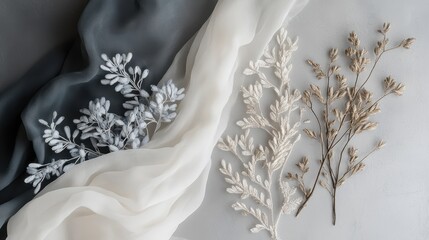 Delicate embroidered lace and dried botanicals arranged on sheer fabrics.