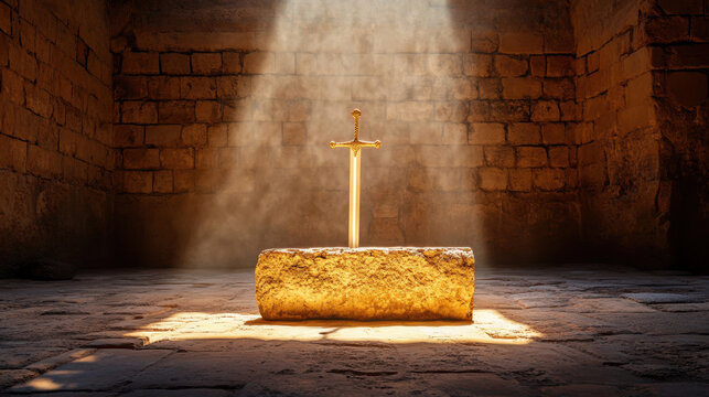 A sword embedded in stone illuminated by soft light.