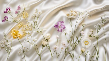 Delicate flowers arranged on a smooth fabric.