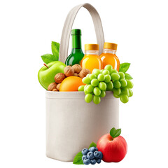 A off-white/cream  canvas tote bag, standing upright and open, reveals a dark green wine bottle, a pile of walnuts, and two small amber-colored juice bottles inside,green grapes,blueberries,red apple,