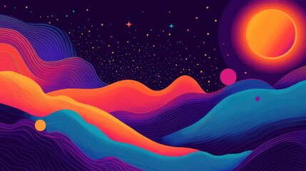 Colorful abstract landscape with wavy lines and vibrant colors.