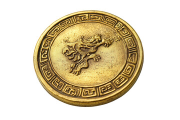 Ancient Chinese Gold Medallion with Mythical Lion Emblem – Isolated on White Background