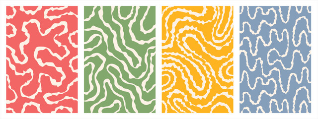 Twisted lines, curved wiggling stripes vector maze backgrounds set. Rough jagged uneven edge. Funky chaotic ornaments, groovy psychedelic patterns collection. Doodle hand drawn wavy winding lines