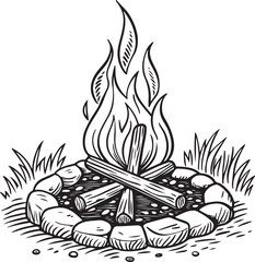 Vector Campfire Illustration - Hand Drawn Bonfire with Firewood and Flames for Outdoor and Camping Designs