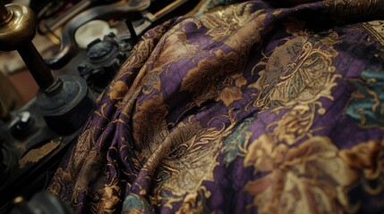 Ornate, patterned fabric draped over antique mechanisms.