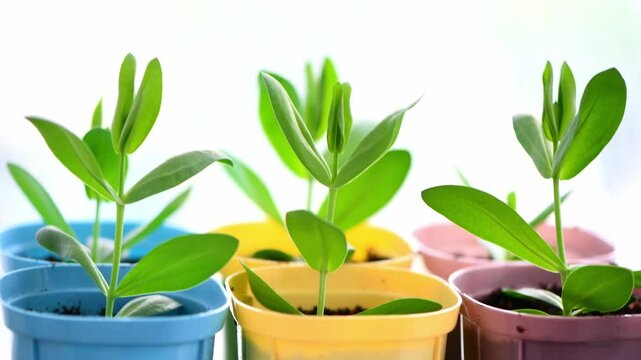 Fresh eustoma seedlings thriving in vibrant, colorful pots on a bright windowsill, isolated on white background
