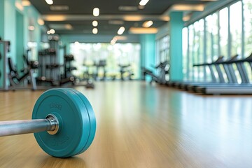 Fototapeta premium Teal dumbbell on gym floor, interior view