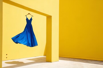Vibrant cobalt blue sleeveless tiered dress hanging on wooden hanger in bold yellow architectural frame contrasting minimalist styling