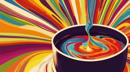 Vibrant colorful liquid pouring into a mug.