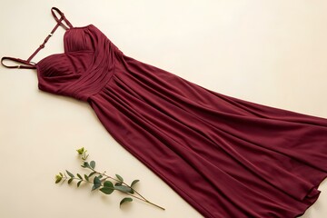 Overhead studio composition featuring a burgundy pleated strap dress draped on beige surface with green leaves and yellow flower accent