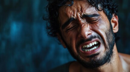 Fototapeta premium intense emotional breakdown of arabian man. raw grief and despair expression, upset middle eastern man crying, close up portrait with copy space. shock and depression.