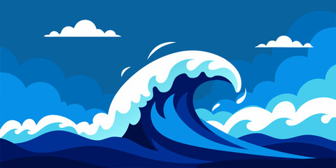 Obraz premium Blue ocean waves crash under a summer sky with a boat in this vector illustration of a sea landscape