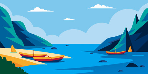 A lone sailboat glides across the tranquil blue ocean under a summer sky, with a tropical island landscape in the distance