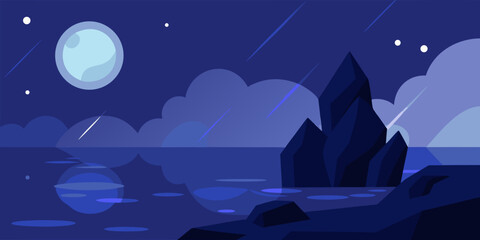 A captivating night sky landscape with a prominent moon illuminates the dark city and nature below