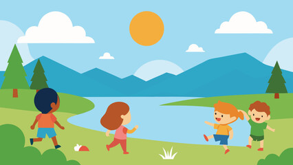 Fototapeta premium Cartoon illustration of a boy and girl playing with their dog in the summer grass under a rainbow sky