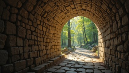 Fototapeta premium Mysterious Stone Tunnel Leading to a Forest, Evoking Journey and Discovery