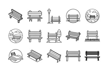 Set of Bench Icon on White Background – Minimal Outdoor Furniture Symbols