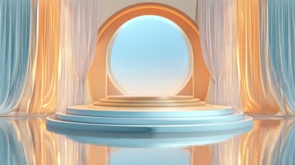 A serene circular stage with soft draped curtains and warm lighting, reflecting gently on a glossy floor under a clear blue sky.