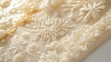 Delicate embroidered floral designs on cream fabric.