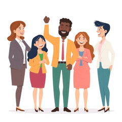Obraz premium A group of five employees are celebrating a team win. The atmosphere is professional yet relaxed.