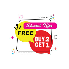 Fototapeta premium Buy Two Get One Free Promotion Tags – Vector Discount Labels and Special Offer Badges for Business Advertising, E-commerce Sales, Web Banners, and Social Media Marketing”